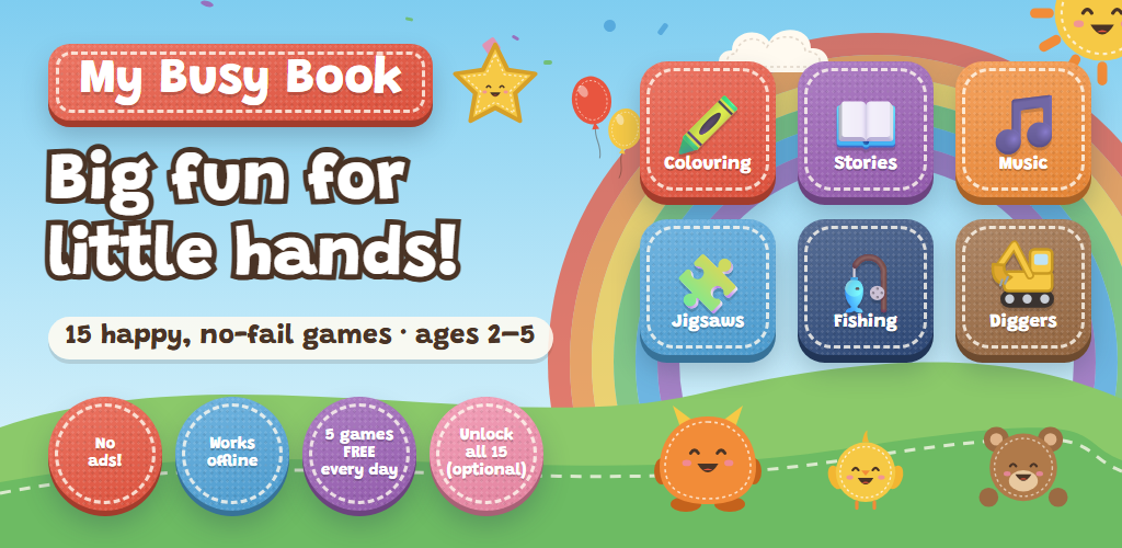 My Busy Book: felt-style game tiles for colouring, jigsaws, stories, music, diggers and fishing